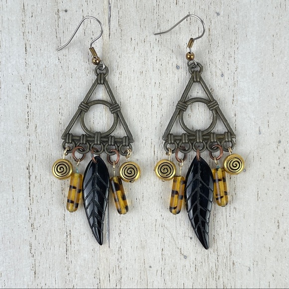 Vintage Jewelry - VTG Unique Boho Dangle Earrings Golden Glass Beads Carved Black Stone Feathers